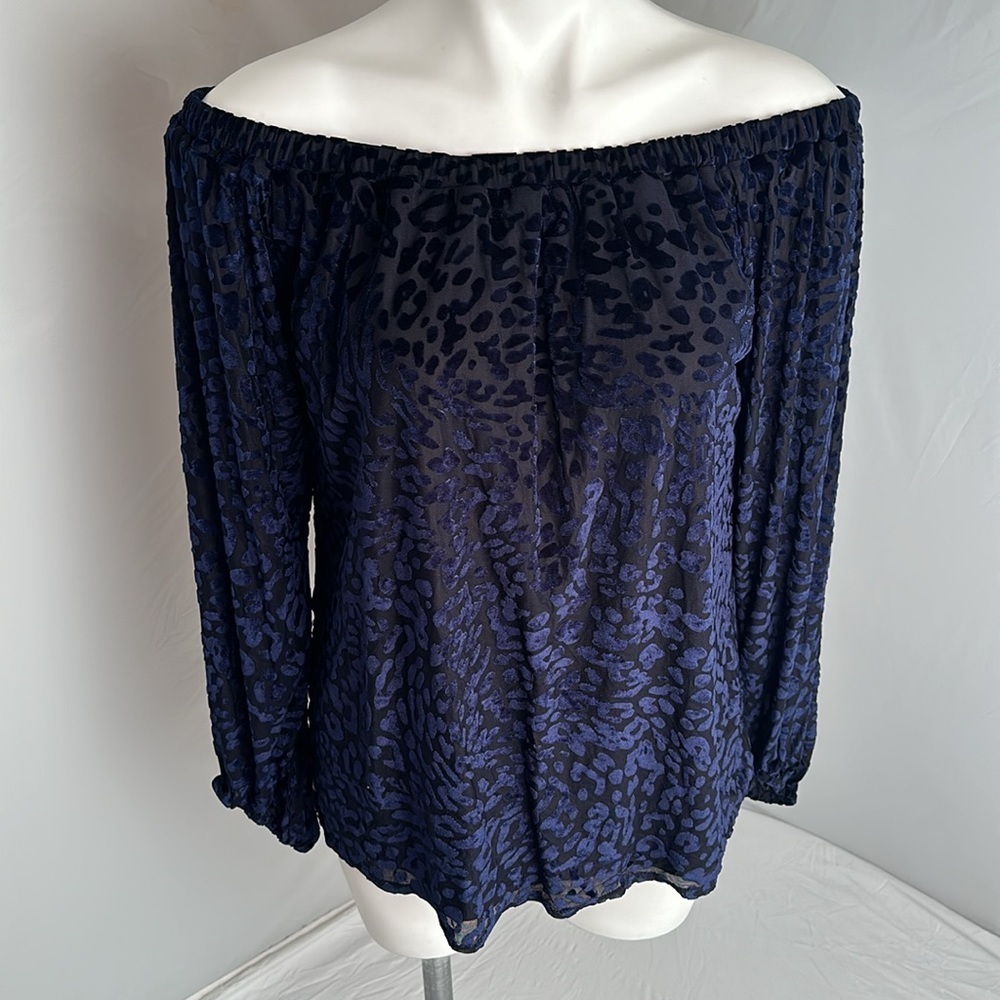 Single violet blue and black velvet burnout print off the shoulder top